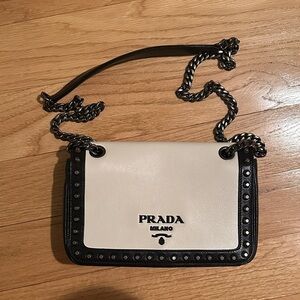 Prada Glace Calfskin Studded Crossbody White Black